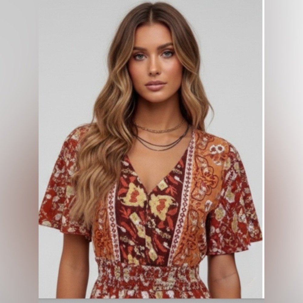 Boho Western Floral Print Butterfly Sleeve Ruffle Hem Dress - Picture 2 of 6